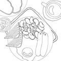 Coloring book antistress Breakfast eggs with beans and sausages